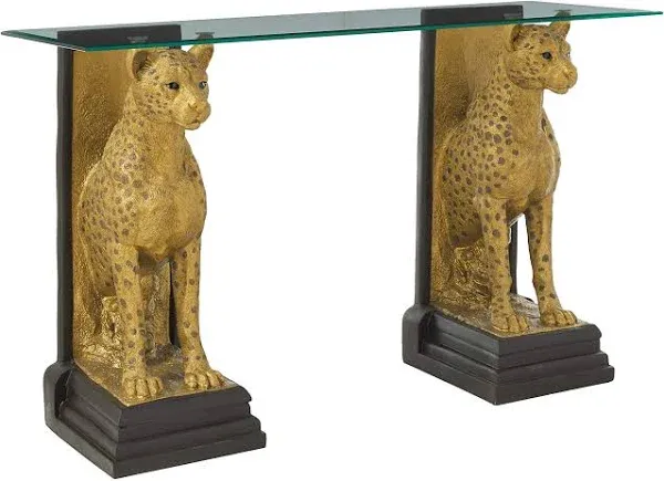 Royal Egyptian Cheetahs Sculptural Glass-Topped Console