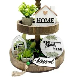 6 Pieces Farmhouse Tiered Tray Decor Beautiful Sweet Home Wood Sign Artificial Plant Rustic Tray Decorations Centerpiece Set for Home & Kitchen Decor(Tiered Tray NOT Included)