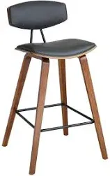 Counter Height Gray Faux Leather and Walnut Wood Mid-Century Modern Bar Stool