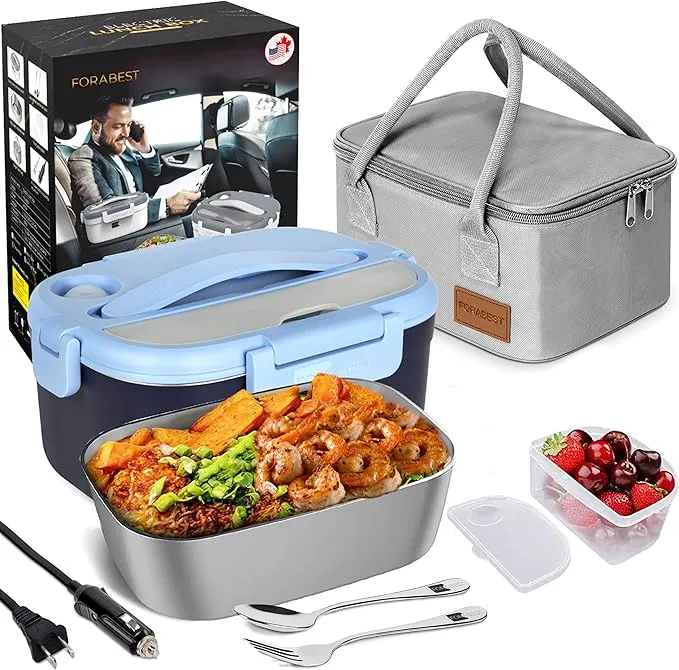 FORABEST Electric Lunch Box for Adults, Upgraded Fast 80W Heated Lunch Box for Adults, 4-in-1 Portable Food Warmer Lunch Box, 1.5L Loncheras Para Hombres De Trabajo with Power Button & Large Utensils