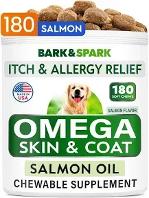 BARK&SPARK Omega 3 for Dogs - 180 Fish Oil Treats for Dog Shedding, Skin Allergy, Itch Relief, Hot Spots Treatment - Joint Health - Skin and Coat