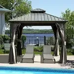 Domi 8’ x 8’ Hardtop Gazebo Outdoor Aluminum Gazebo w/Curtains and Net, Gray