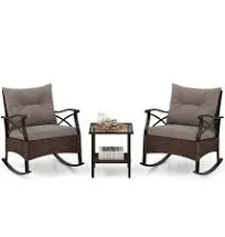 Tangkula 3 Pieces Outdoor Rocking Chairs Set, Rattan Heavy Duty Cushioned Rocker Chairs with 2-Tier Tempered Glass Coffee Table