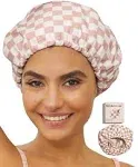 Kitsch - Satin Lined Flexi Shower Cap - Terracotta Checker