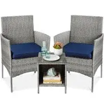 Best Choice Products 3-Piece Outdoor Wicker Conversation Patio Bistro Set, w/ 2 Chairs, Table - Gray/Navy