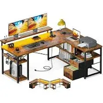 L Shaped Gaming Desk with File Drawers, Reversible Computer Desk, Power Outlets, LED Lights,