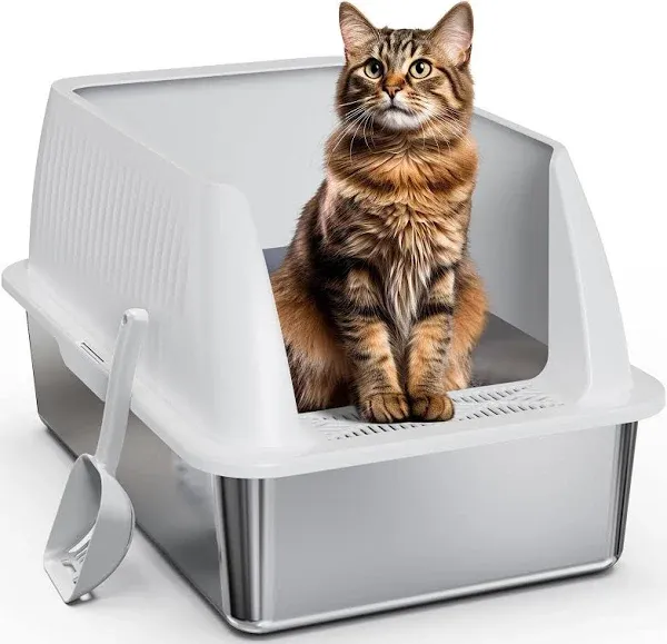 PETTERM Stainless Steel Cat Litter Box with Mat and Scoop