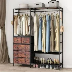 Heavy Duty Clothes Rack with 5 Drawers & 4 Storage Shelves, 70.9Hx59.1W Clothing Rack with 2 Hanging Rods, Wardrobe Closet Rack with 5 Hooks, Freestanding Garment Rack (Rustic Brown)