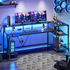 Gaming Desk with LED Lights, Hutch, Storage Shelves, and PC Gamer Desk