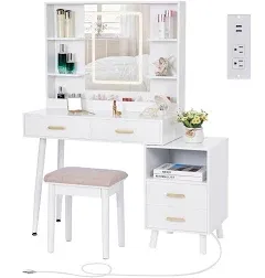 BEWISHOME Vanity Desk with Mirror, Lights, Makeup Vanity, Lights, Charging Station, Cabinet