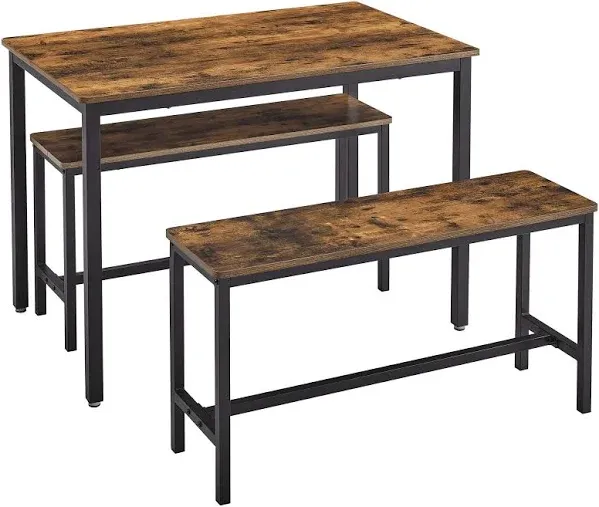 Industrial Rustic Brown Dining Table With 2 Benches