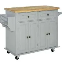 HOMCOM Kitchen Island on Wheels, Rolling Cart with Rubberwood Top, Spice Rack, Towel Rack and Drawers for Dining Room