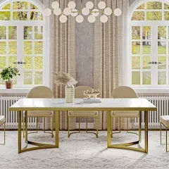 Modern Marble Dining Table with White Rectangular Tabletop and Gold Stainless Legs