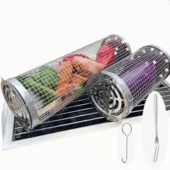 Rolling Grilling Basket 2 Pack Round Stainless Steel Grill Mesh BBQ Grill Mesh for Vegetables and Fish (