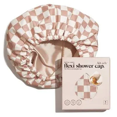 Kitsch - Satin Lined Flexi Shower Cap - Terracotta Checker