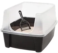 Open-Top IRIS USA Cat Litter Box with Shield and Scoop Enclosed Kitty Pan, Black