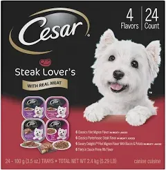 CESAR Adult Soft Wet Dog Food Steak Lovers Variety Pack with Real Meat, (36) 3.5 oz. Trays