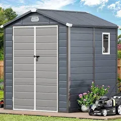 YITAHOME 7.87x6.2FT Resin Storage Unit sans Flooring, All-Weather Plastic Shed with Window, Vents and Secured Doors, Outdoor Plastic Tool Cabin for Poolside, Lawn, Backyard, Patio, Dark Gray