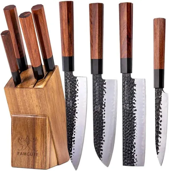 Japanese Chef Knife Set, 3 Layer 9CR18MOV Clad Steel w/Rosewood Handle and Block Wooden Holder for 4PCS Kitchen Knife Set (8” Gyuto Knife, 7” Nakiri Knife, 7” Santoku knife, 5” Utility knife)