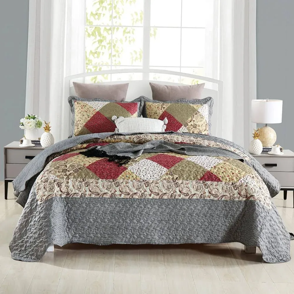 Autumn Dream Reversible Patchwork Bedspread Quilt Set 3 Pieces Coverlet Set Red Paisley Floral Pattern Bedspread King Size