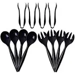 72pcs Plastic Serving Utensils Heavy Duty Disposable Serving Tongs Black Disposable Serving Set 10" Spoons 10" Forks 6" Tongs Each 24pcs Supernal