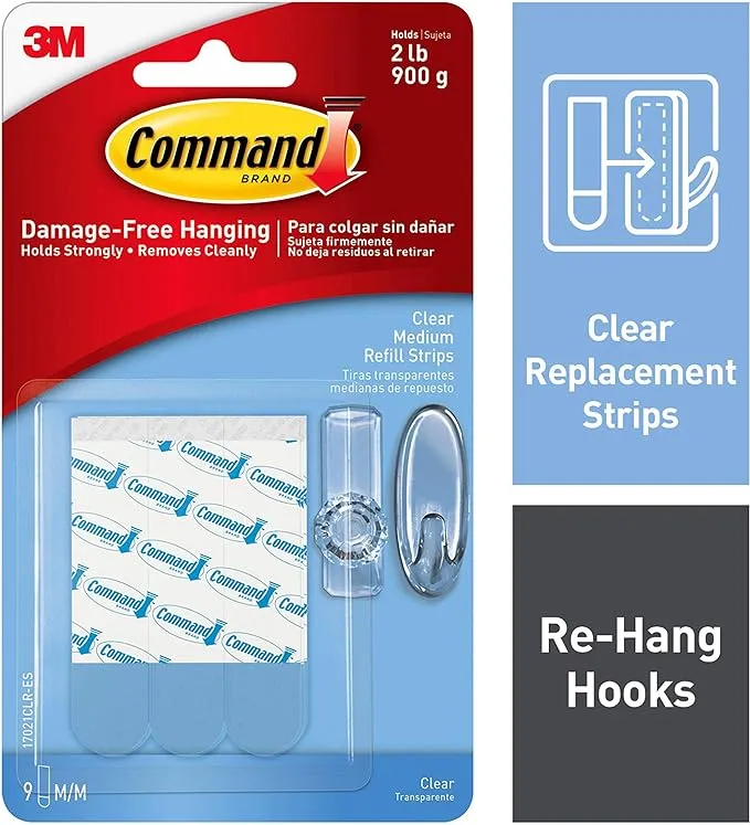 Command Medium Clear Refill Strips, 12 strips, Re-Hang Indoor Clear Hooks (17021CLR-12ES)