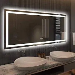 H Large Rectangular Frameless Double LED Lights Anti-Fog Wall Bathroom Vanity Mirror in Tempered Glass