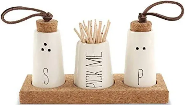 Mud Pie, Off-White Salt, Pepper & Toothpick Holder, Size: tray 2" x 6" | shakers 2 3/4" x 1 1/2" dia