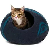 EUC MEOWFIA Black + Aqua Merino Wool Cat Bed Cave - Medium (16x16x10)