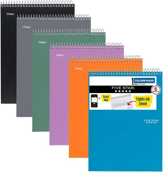 Top Bound Spiral Notebooks, 6 Pack, 1 Subject, College Ruled Paper, 11&#034; X 8-1/2&#034;