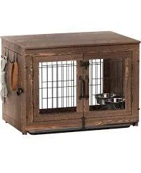 Piskyet Wooden Dog Crate Furniture with 360°Rotatable Removable Dog Bowls, Dog Crate End Table with Tray, Double Doors Dog Kennels for Medium Dogs