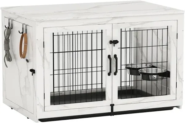 Piskyet Wooden Dog Crate Furniture with 360°Rotatable Removable Dog Bowls Dog Crate End Table with Tray