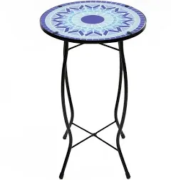 Northlight 19" Blue Sun Mosaic Glass Patio Side Table