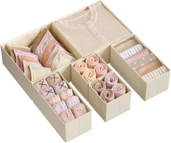 SONGMICS Foldable Fabric Storage Bins for Socks, Underwear, Bras, Ties, Scarves, Sand Beige / 6 Set