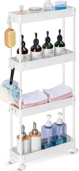 Slim Rolling Storage Cart, 4 Tier Bathroom Organizer, Skinny Rolling Utility Car