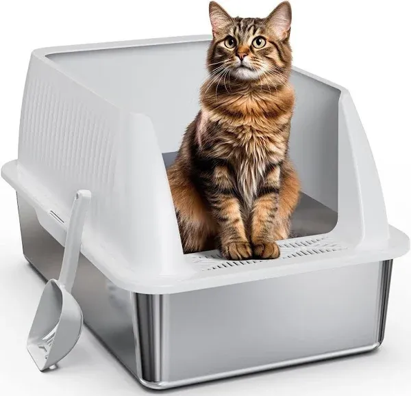 Stainless Steel Litter Box,XL Metal Litter Box with Lid,High Side Cat Litter Box for Big Cats and Kittens,Extra Large Litter Box with Scoop,Non-Sticky,Anti-Leakage and Easy Clean (Black)