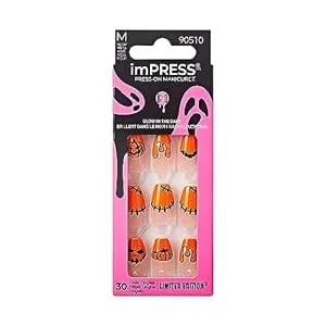 KISS imPRESS Press-On Manicure Halloween, Orange, Medium Length, Coffin Shape, 'Creepy Crawly', 33 Ct.