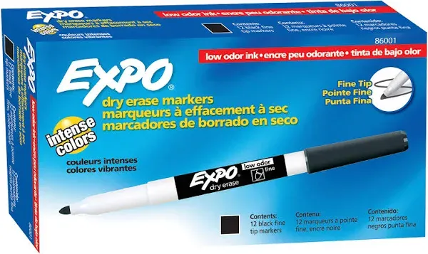 Expo Low Odor Dry Erase Markers, Fine Tip, Black, 12 Count