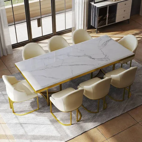 Modern Marble Dining Table with White Rectangular Tabletop and Gold Stainless Legs