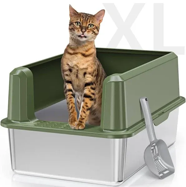 Suitfeel Enclosed Stainless Steel Cat Litter Box with Lid, Odorless XL Metal Litter Box for Big Cats, Extra Large Kitty Litter Box, Easy Clean Steel