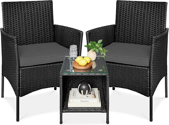 Best Choice Products 3-Piece Outdoor Wicker Conversation Bistro Set, Space Saving Patio Furniture for Garden w/Side Table - Black/Teal