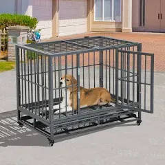 "Pawhut 36"" Heavy Duty Dog Crate Metal Cage Kennel with Lockable Wheels, Double Door and Removable Tray