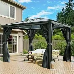 YITAHOME 10x10 Hardtop Gazebo Outdoor Polycarbonate Canopy with Netting and Shaded Curtains, Aluminum Frame Garden Tent for Patio, Backyard, Deck and Lawns Brown