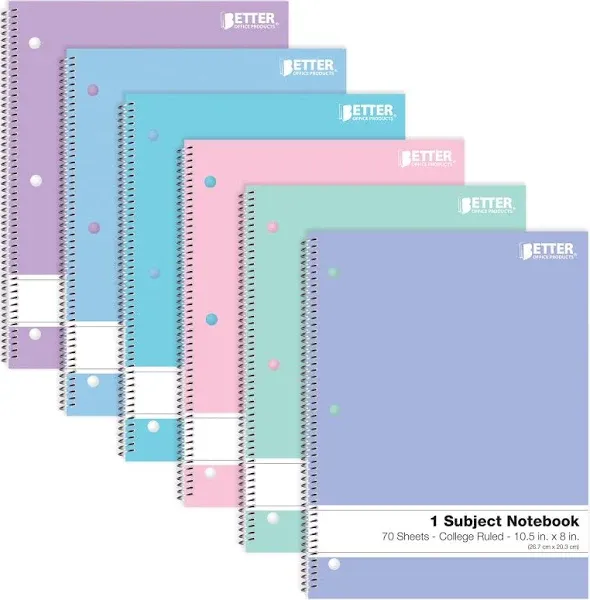 Better Office Products Spiral Notebooks, 6 Pack, 1 Subject, 70 Sheets, 10.5 x 8 inches, 6 Assorted Pastel Colors (College Ruled)