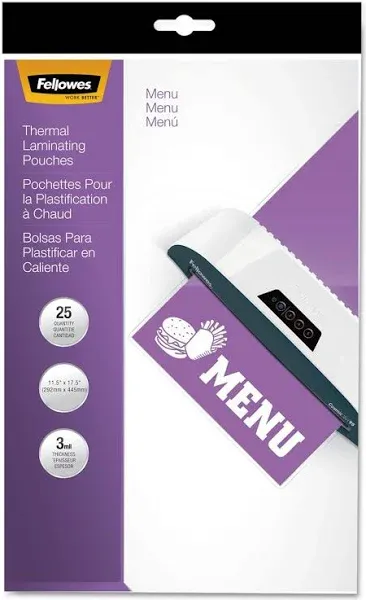 Fellowes 52011 18&quot; x 12&quot; Menu Glossy Thermal Laminating Pouch - 25/Pack