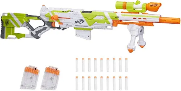 NERF Longstrike Modulus Toy Blaster with Barrel Extension, Bipod, Scopes, 18 Elite Darts & 3 Six-Clips (Amazon Exclusive)