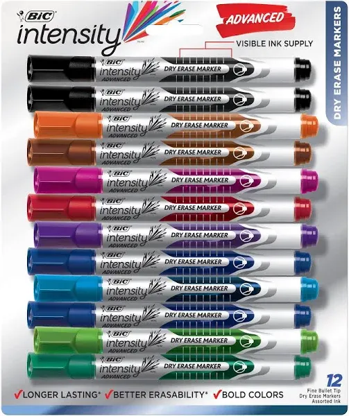 Intensity Advanced Colorful Dry Erase Markers, Bullet Tip, 12-Count Pack of A...