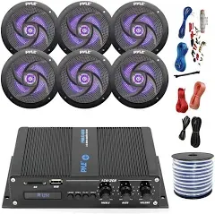 Pyle Marine 6-Channel Bluetooth Amp + Kit, 6x 4&#034; Black LED Speakers, 50 Ft Wire