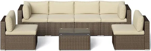 SUNVIVI OUTDOOR 7 Piece Patio Furniture Sets All Weather Grey PE Wicker Couch Sofa with Glass Table, Removable Blue Cushions