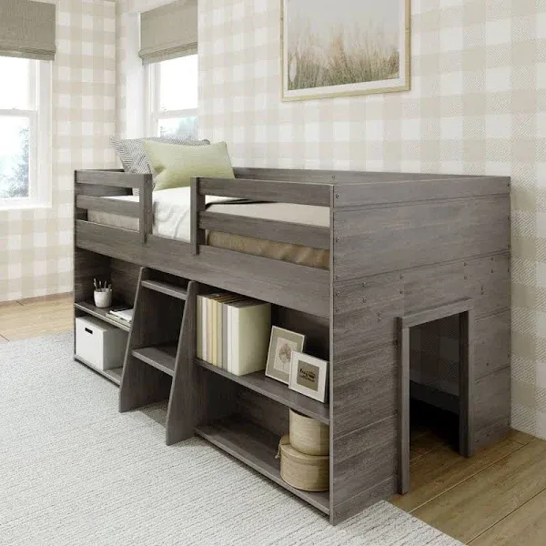 Max & Lily Modern Farmhouse Low Loft Bed, Twin Bed Frame for Kids with 2 Bookcases, Driftwood